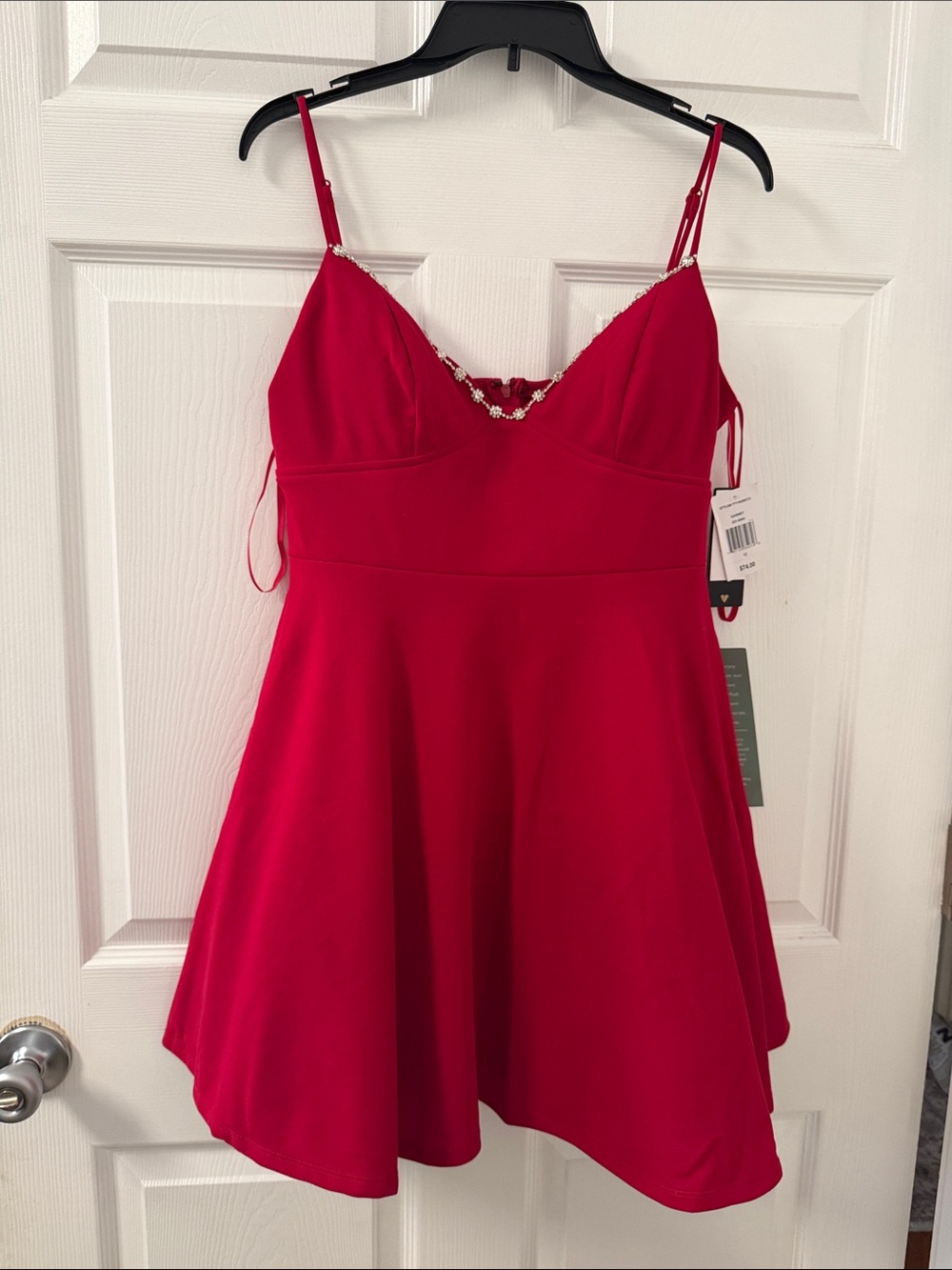 City Triangles Red Spaghetti-Strap Skater Dress with Embellished V-Neck